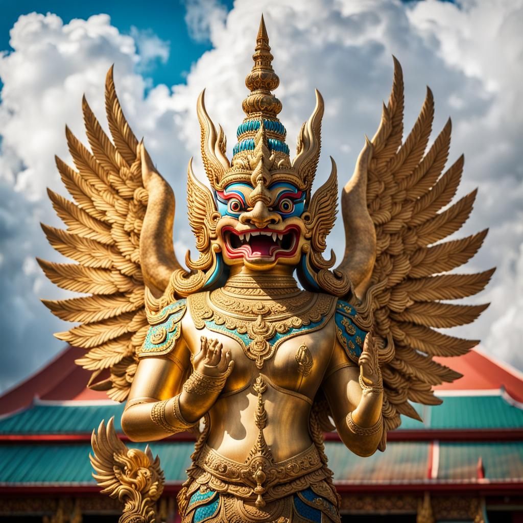 Thai Garuda stands in front of a temple