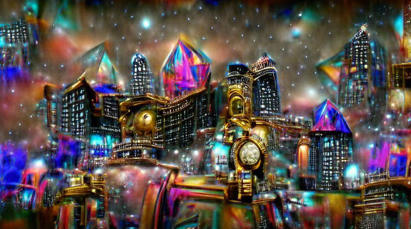 Crystal Steampunk City in the Stars: Hyperrealistic 3D