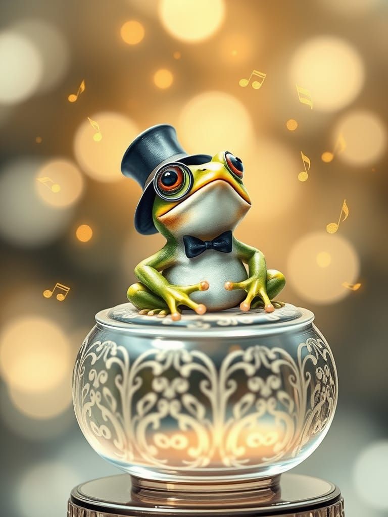 Whimsical Gentleman Frog Sings with Joy in a Glass Music Box...
