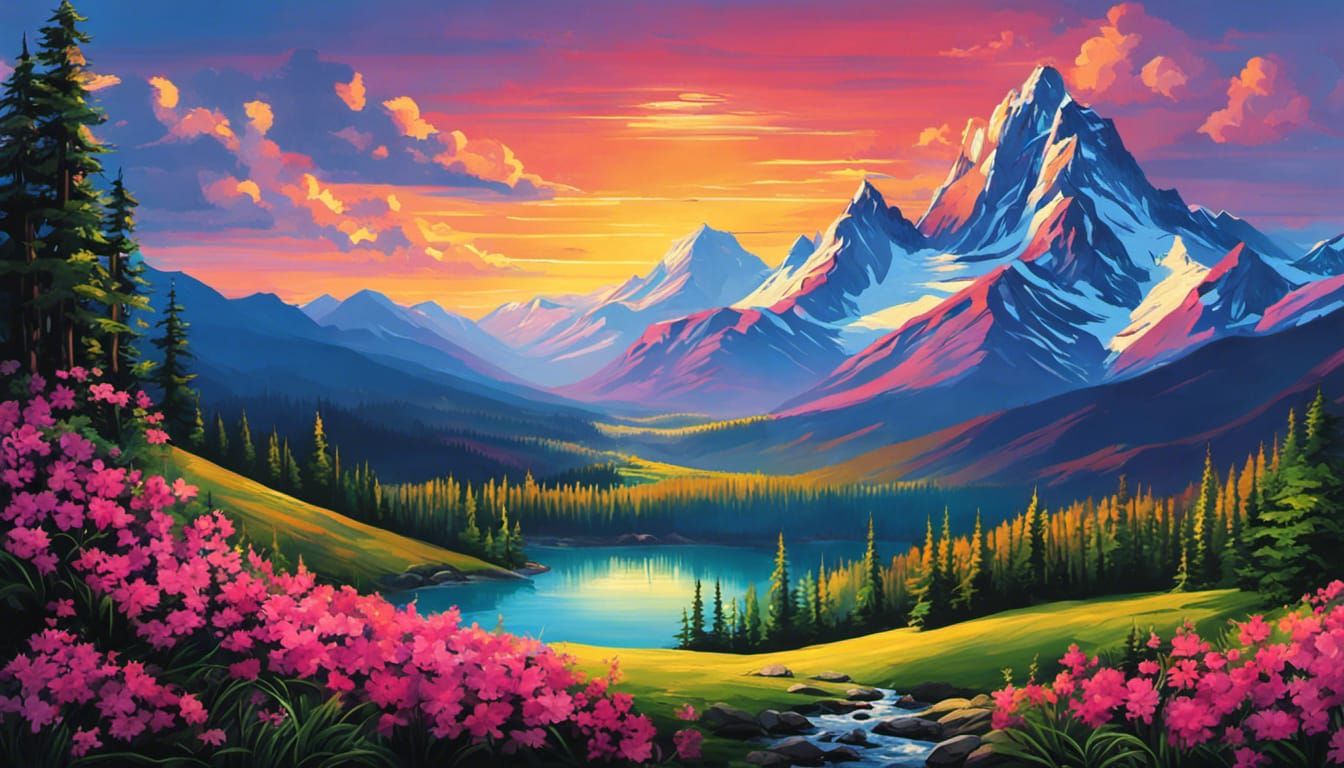 Synthwave Mountain Landscape Painting with Waterfalls