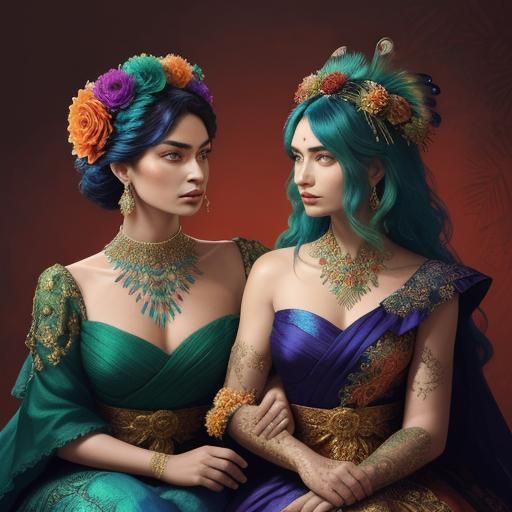 Baroque Portrait with Gold Skin and Peacock Feathers