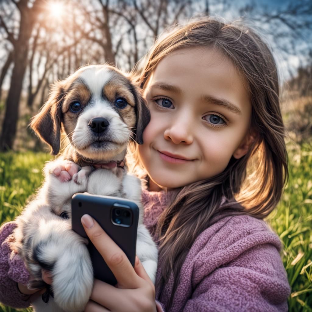 Little Girl's Selfie with Puppy in Spring