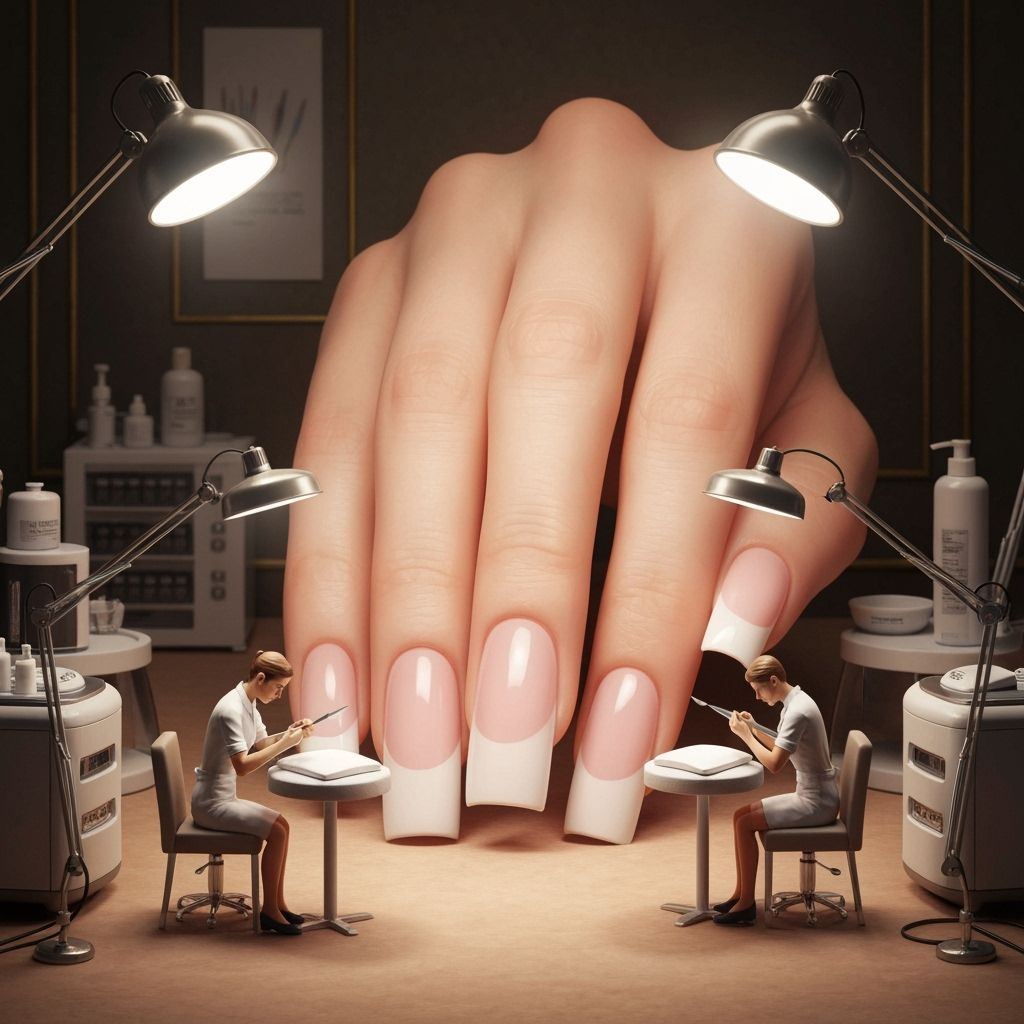 Giant Manicured Hand with Tiny Nail Artists