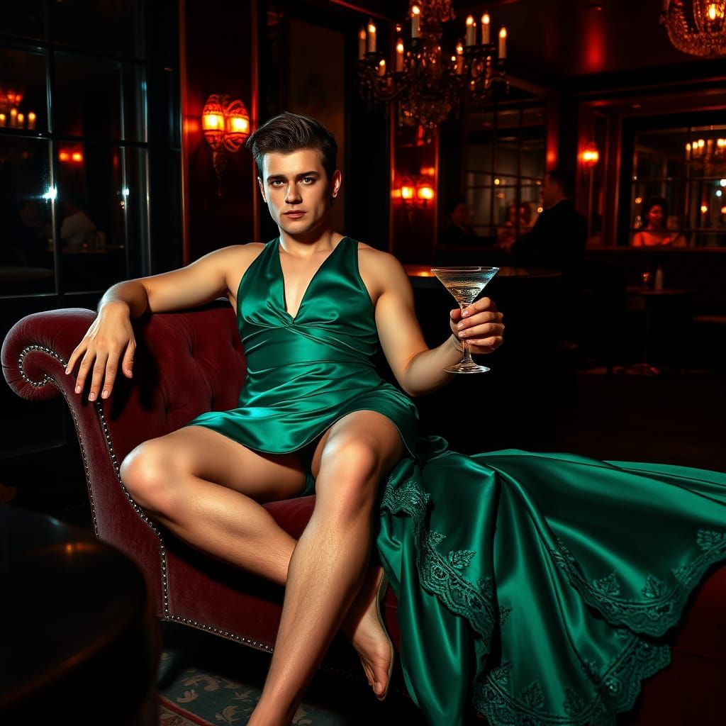 Glamorous Man in Emerald Green Minidress Exudes Vintage Vogu...