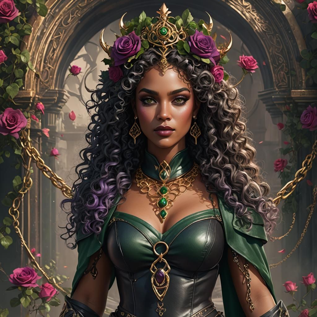 Fantastical Caramel-Skinned Goddess in Intricate Leather Cro...