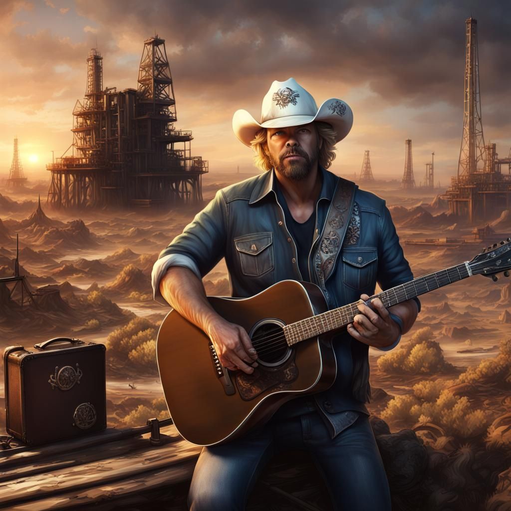 Musician with Guitar in Oilfield, Detailed Matte Painting
