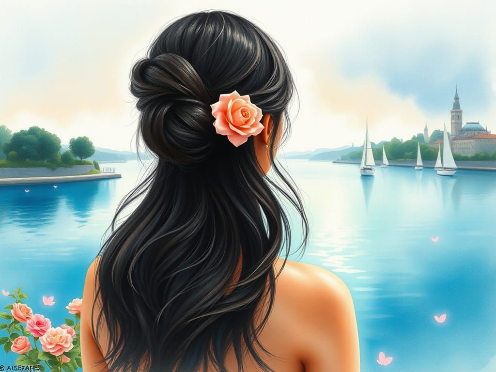 Watercolor Portrait of Woman Gazing at River