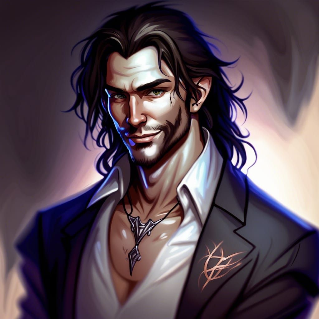 Smiling Dark-Haired Magician Portrait in Hyperdetailed Style