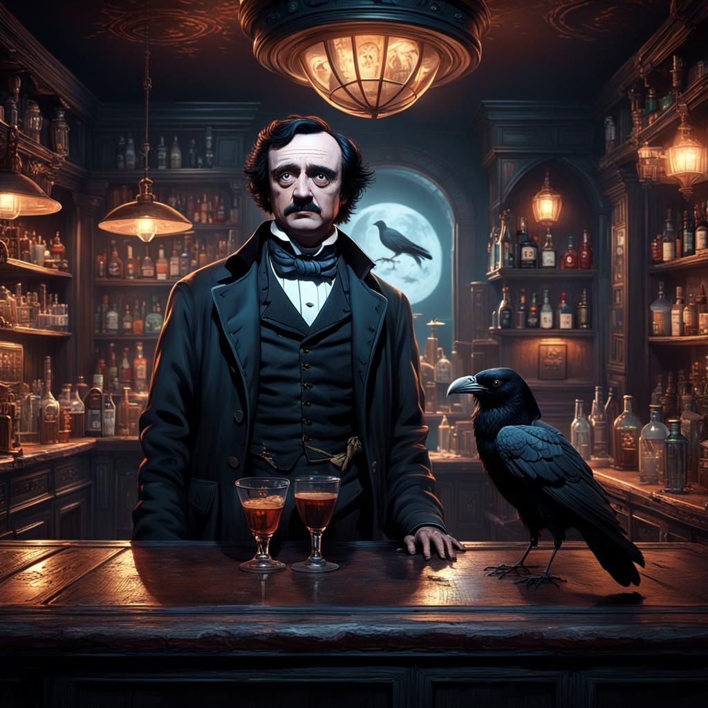 Poe Enters Surreal Bar with Raven, Digital Art