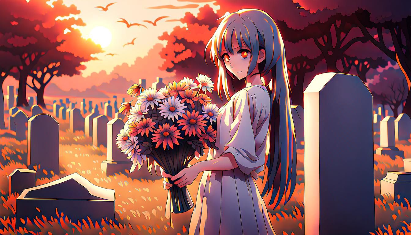 Anime Girl with Flowers at Grave, Sunrise Scene