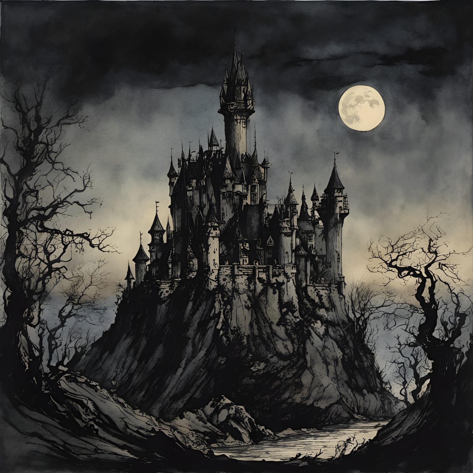 Vampire fantasy castle, foreshadowing, atmospheric, abandoned, moon