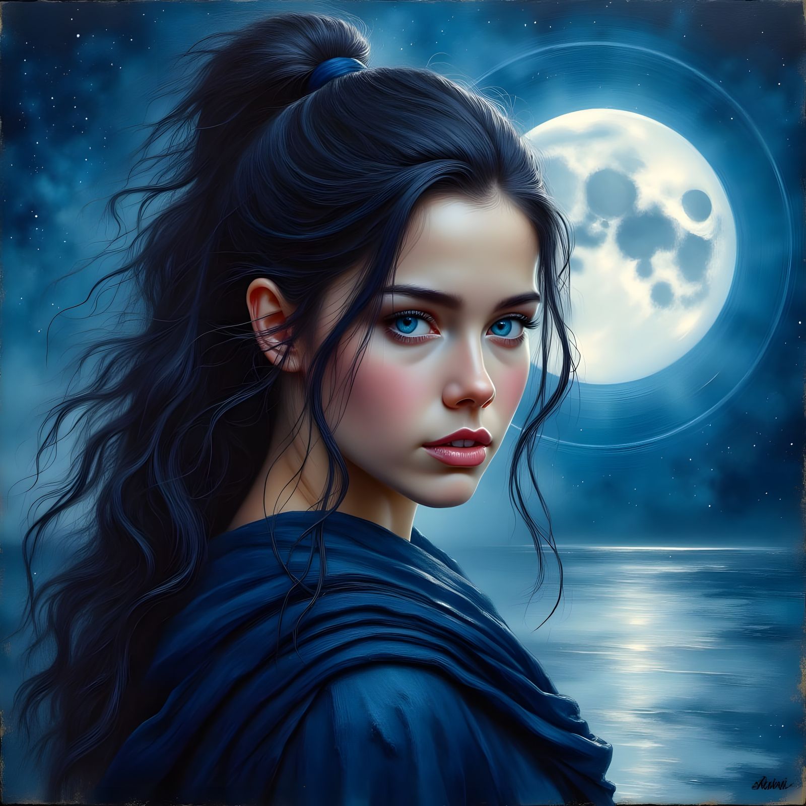 Norse Moon Goddess Portrait in Impasto Style