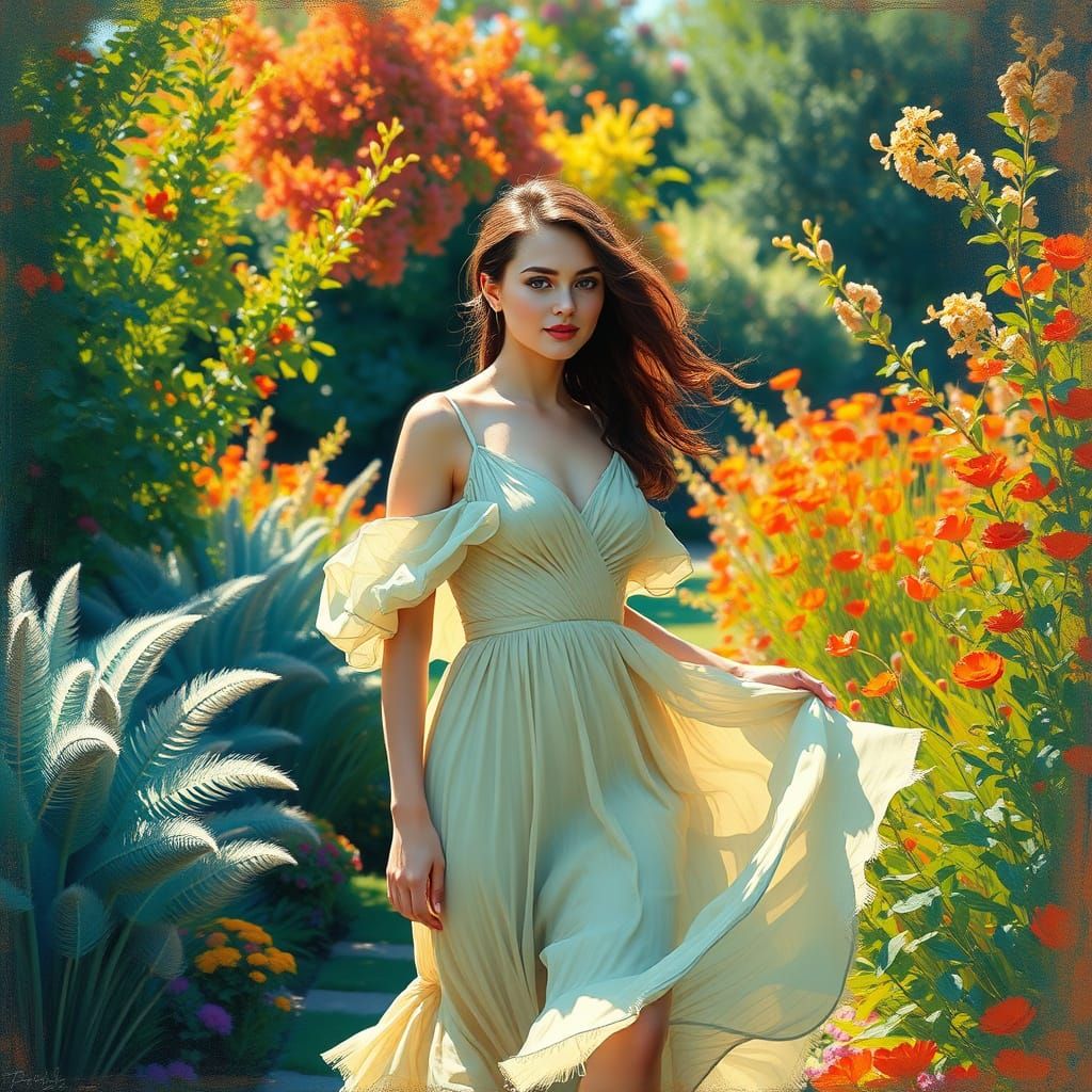Woman in Impressionist Garden with Expressionist Brushstroke...