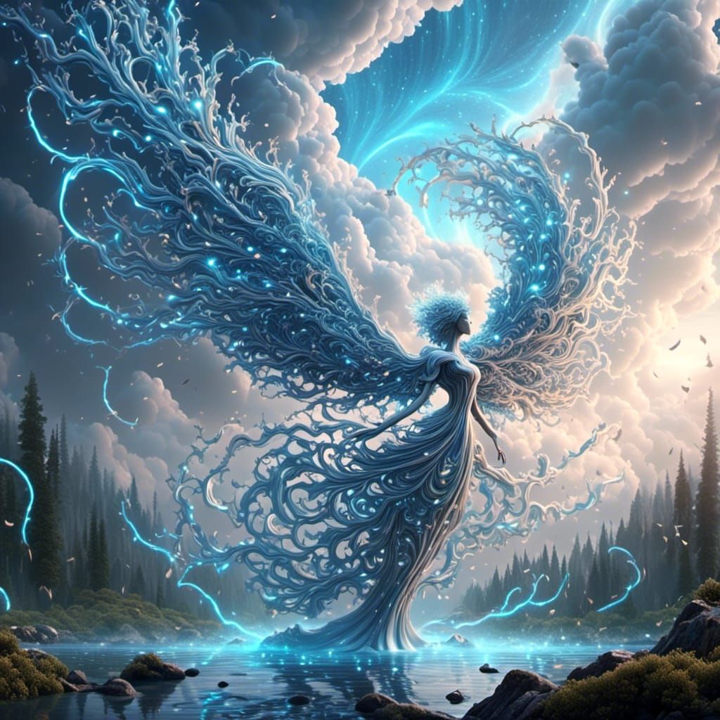 Epic Angel Mech Floats Through Storm Clouds