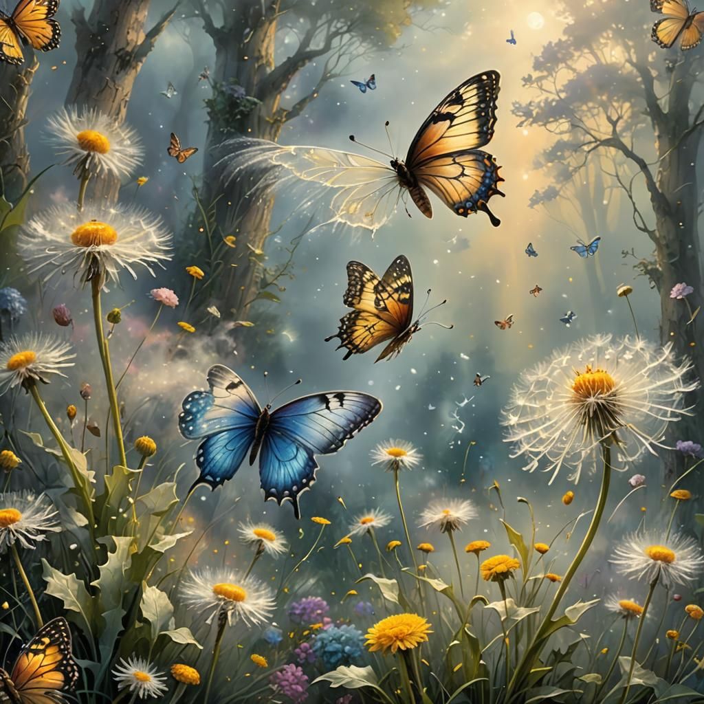 Ethereal Butterfly and Dandelion in Hyperdetailed Fantasy St...