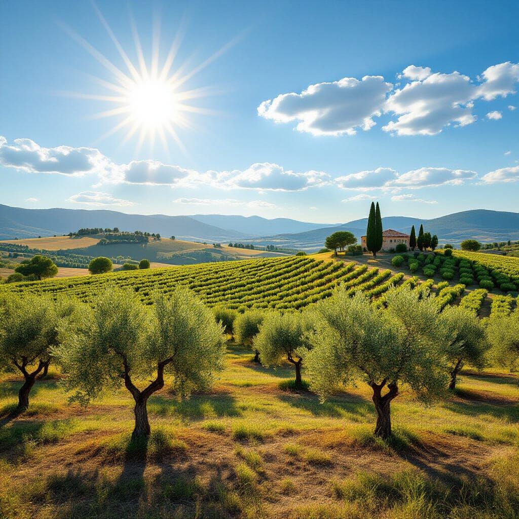 Sunlit Olive Grove in Provence France with Cypress Tree