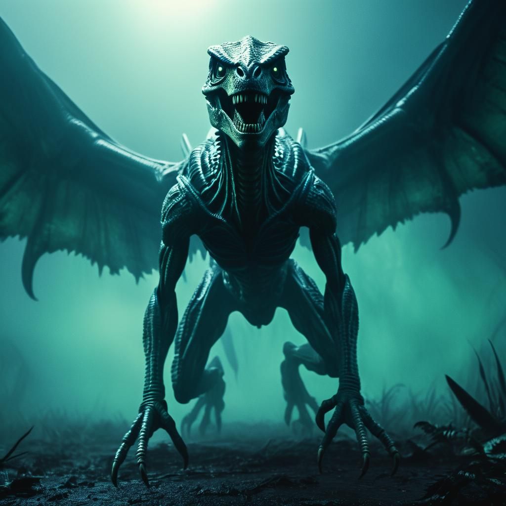 Winged Alien in Dark Realm: Cinematic Film Still