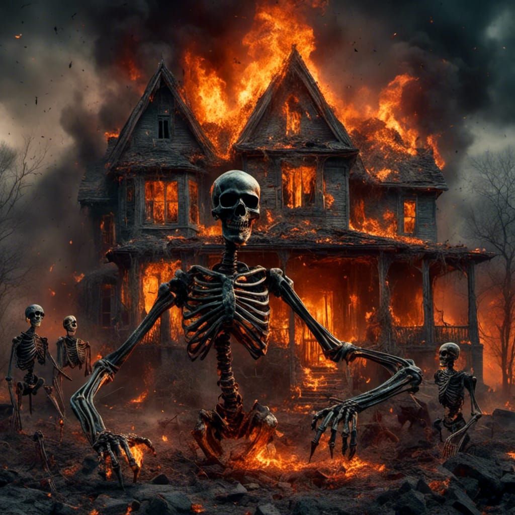 Skeleton Firefighters Battle Blaze: AI-Enhanced Image