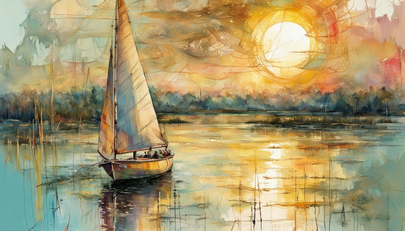 Sailboat on Serene Summer Lake in Golden Hour