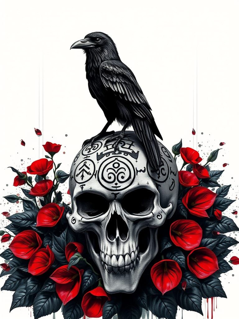Viking Skull Tattoo with Raven, Splash Art Style