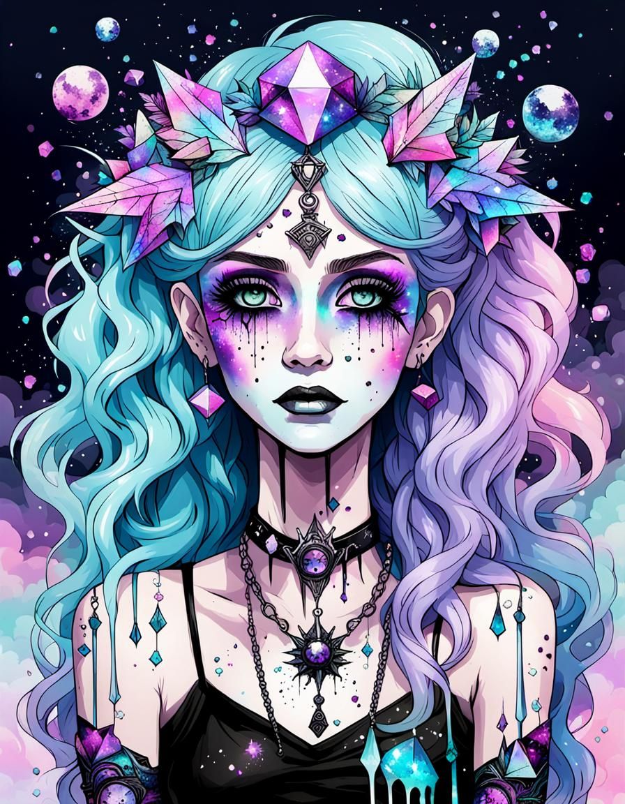 Pastel Goth Goddess of Crystals with Ink Splatters