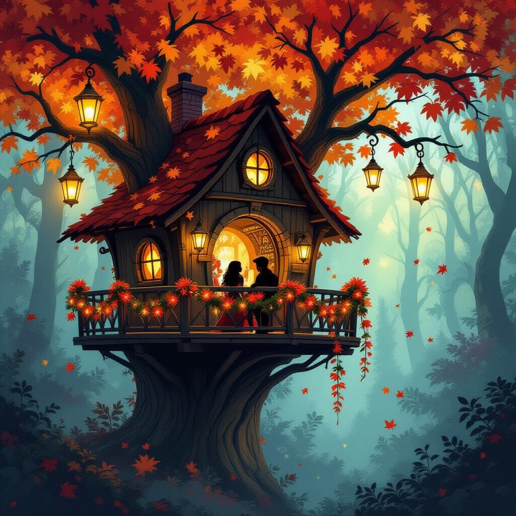Magical Treehouse in Autumn Forest: Fantasy Concept Art