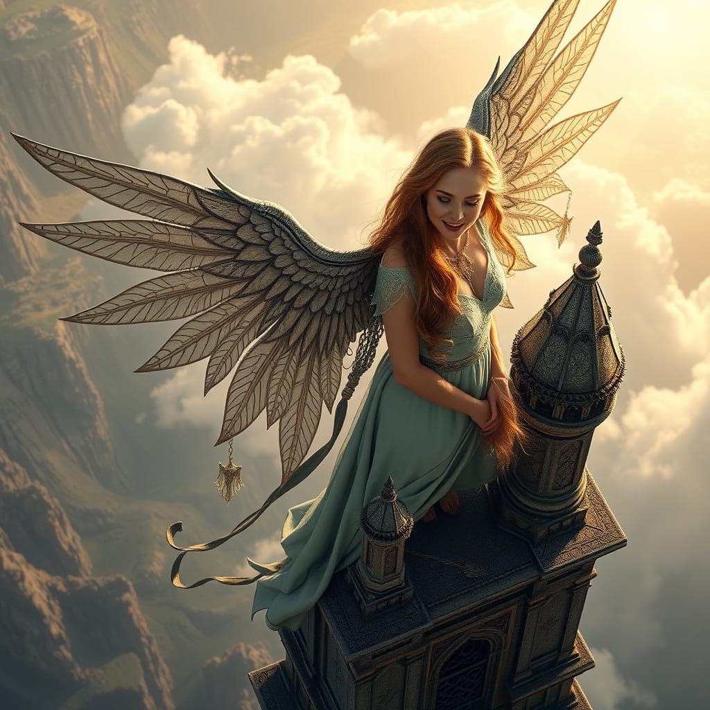 Serene Angel on a Tower, Gazing Down with a Smile