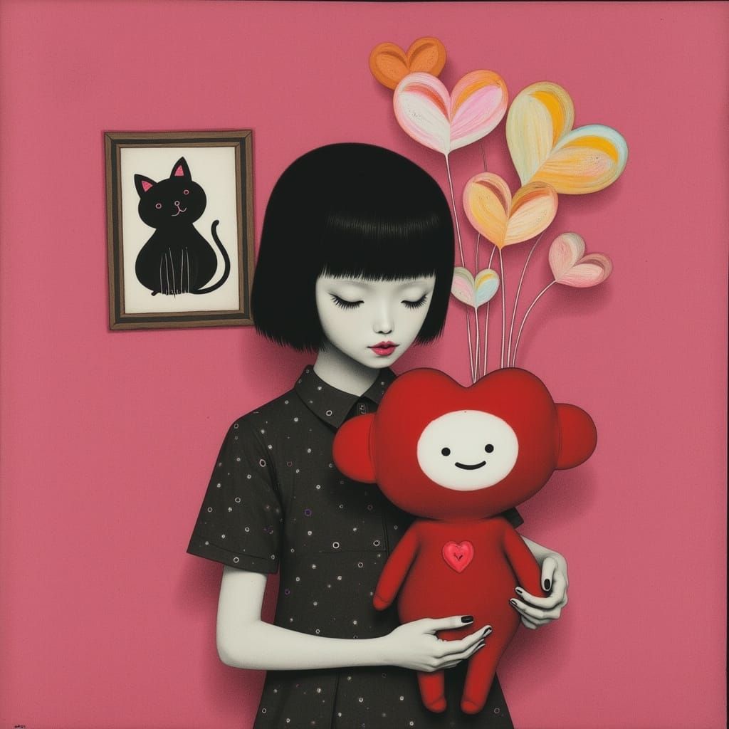 Melancholy Woman in Pink Room with Murakami Style Toy