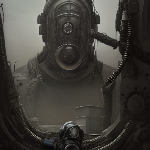 Gas Masked Warrior in Dystopian Sci-Fi Landscape