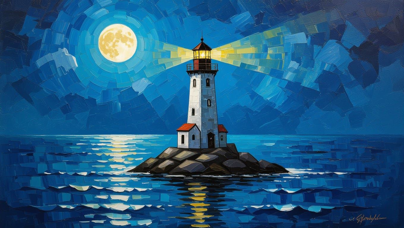 Neo-Impressionist Lighthouse Masterpiece Under Moonlight