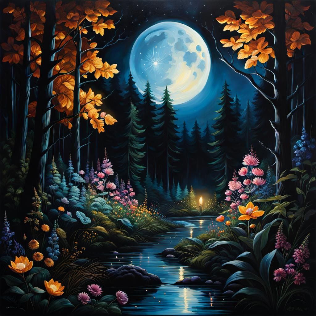 Night Forest with Glowing Flowers: Hyperrealistic Painting