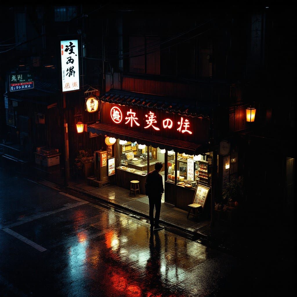 Rainy Night Ramen Shop in Film Noir Style