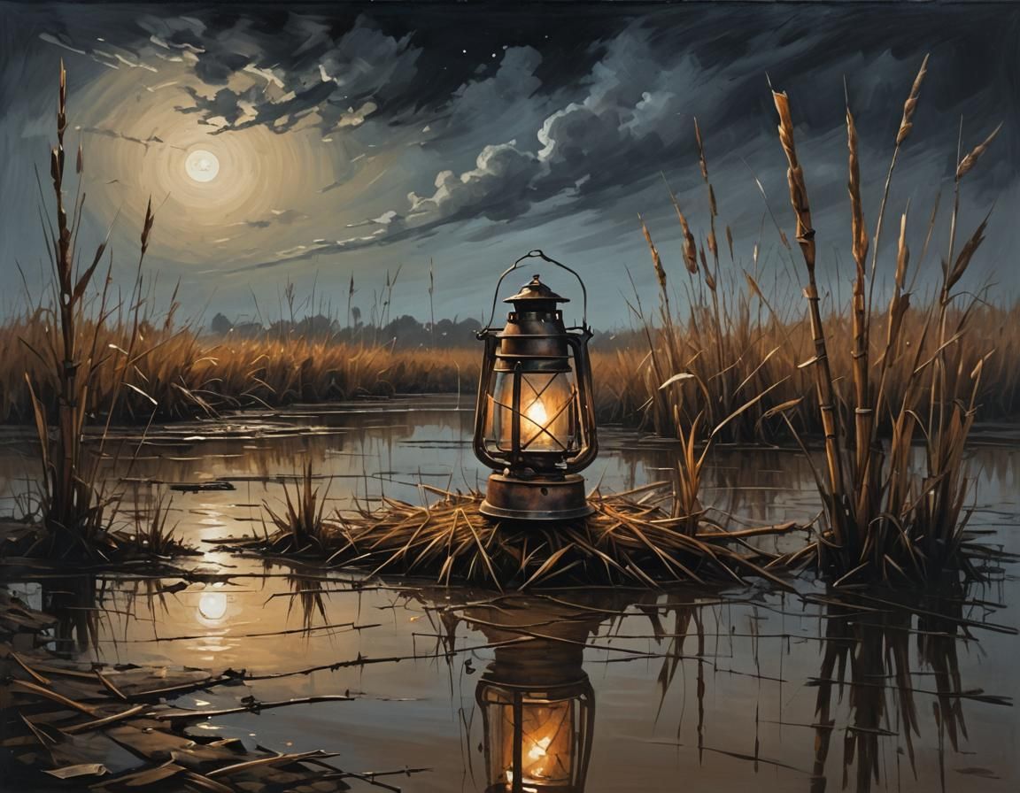 Eerie Moonlit Marsh in Romanticism Oil Painting