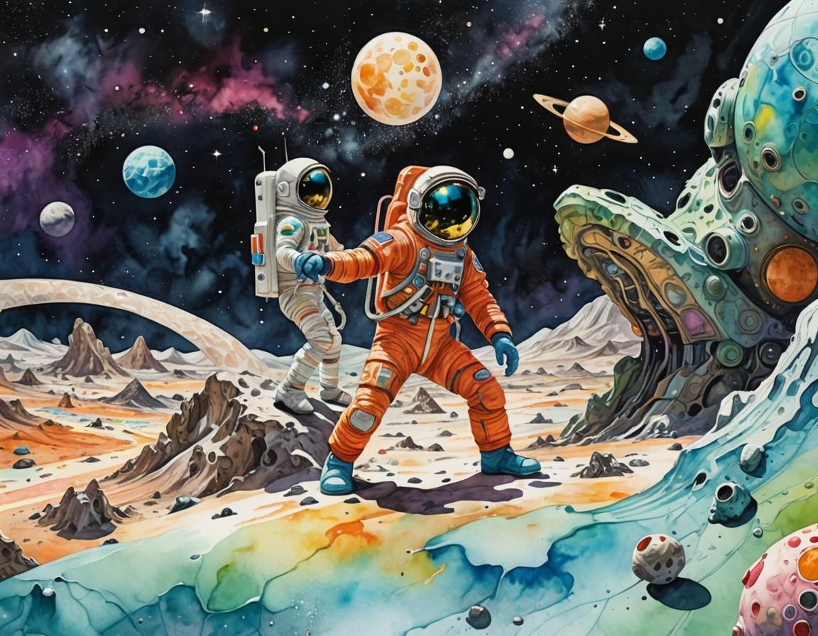 Astronaut and Alien Encounter on the Moon in Comic Art Style