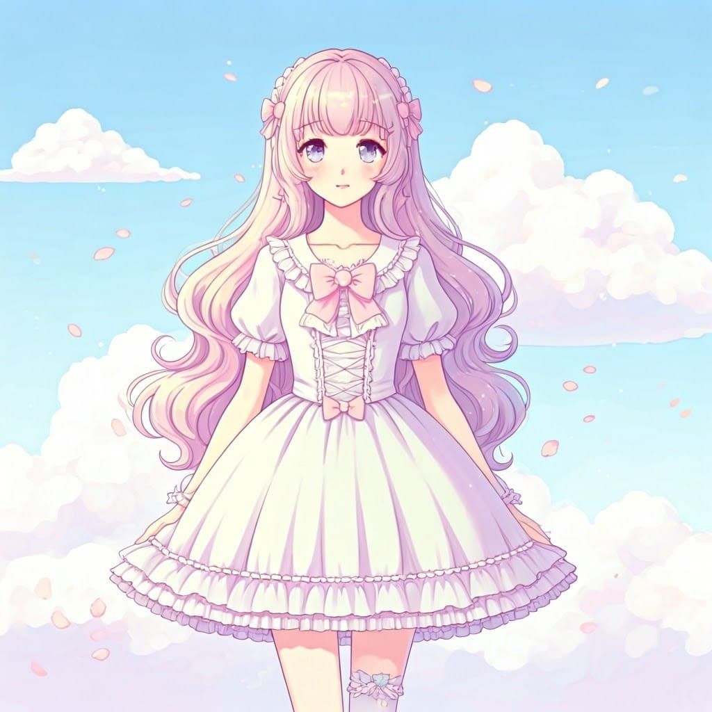 Pastel-Hued Anime Girl in Whimsical Cherry Blossom Wonderlan...
