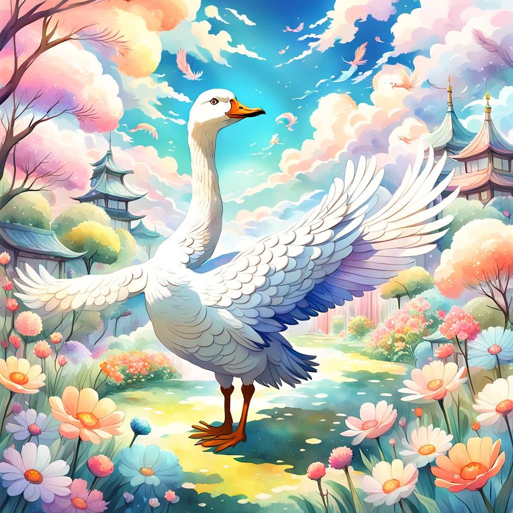 Anime Goose in Dream Garden, Japanese Watercolor Style
