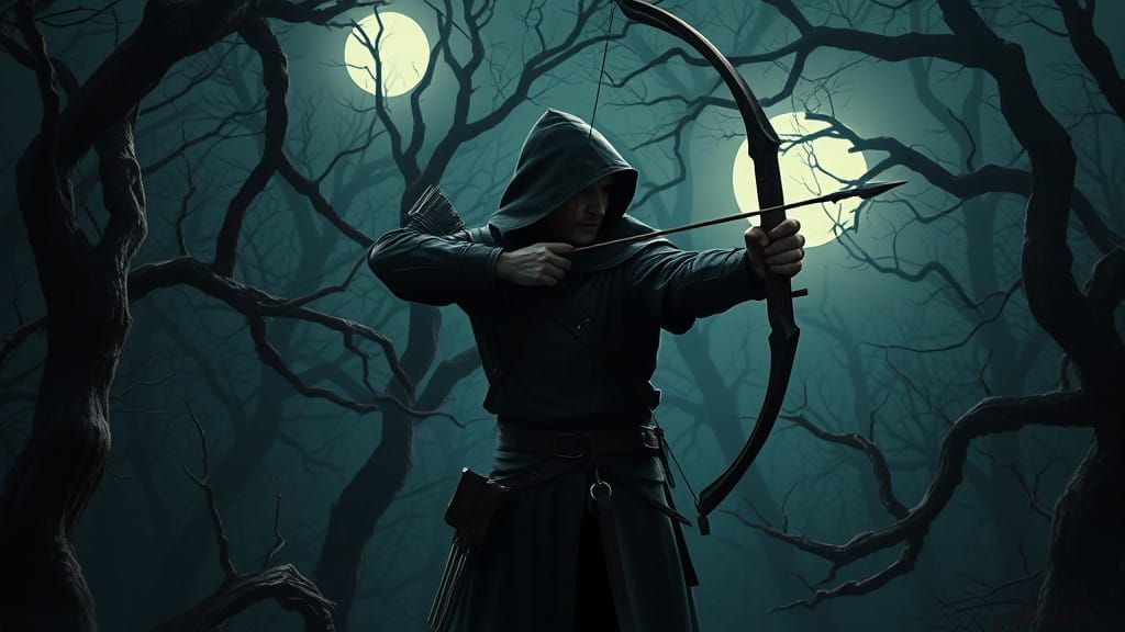 Medieval Archer Seizes Moment in Darkened Forest