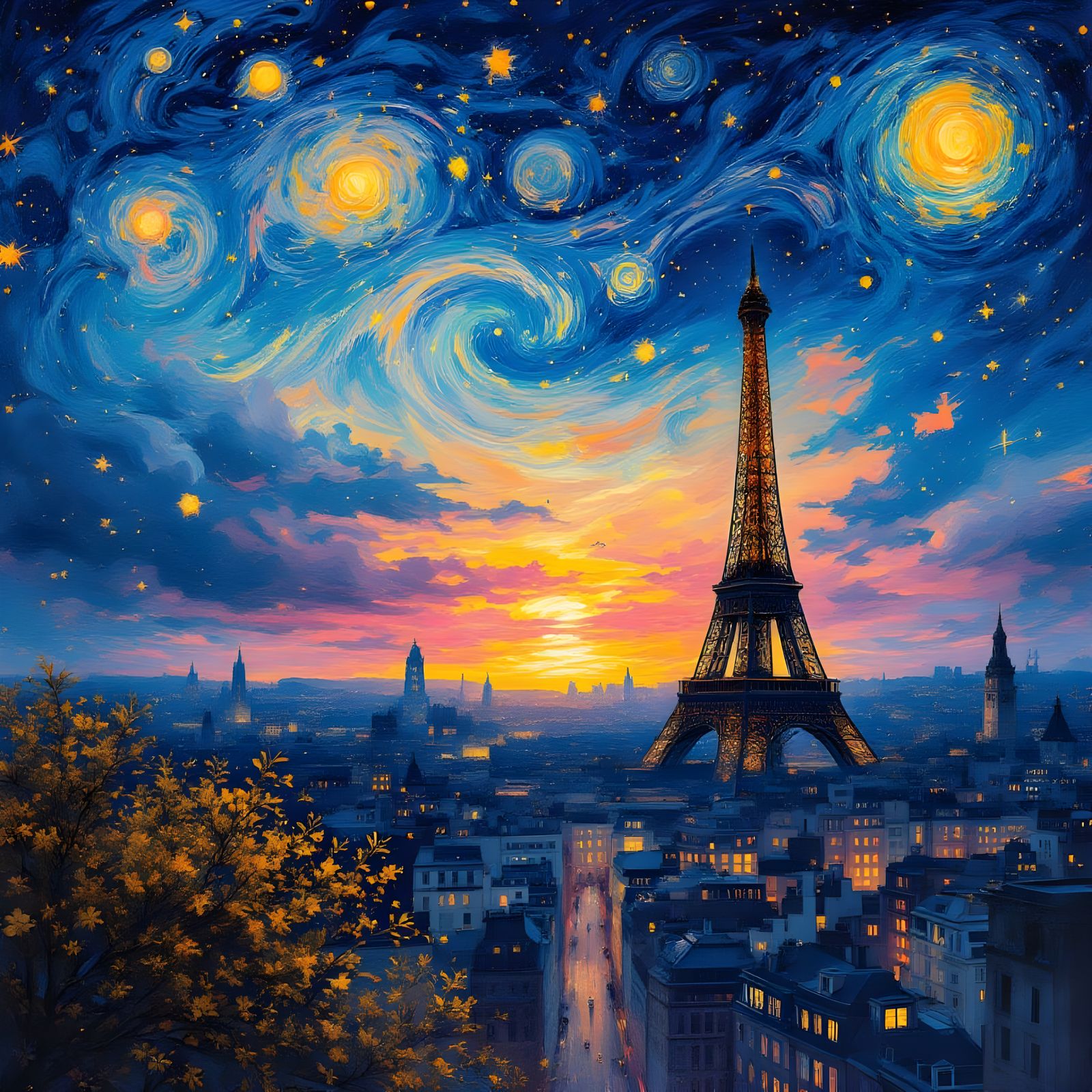 Paris Skyline with Starry Night Sky, Digital Art