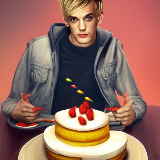 Hyperrealistic Portrait of Man Eating Cake