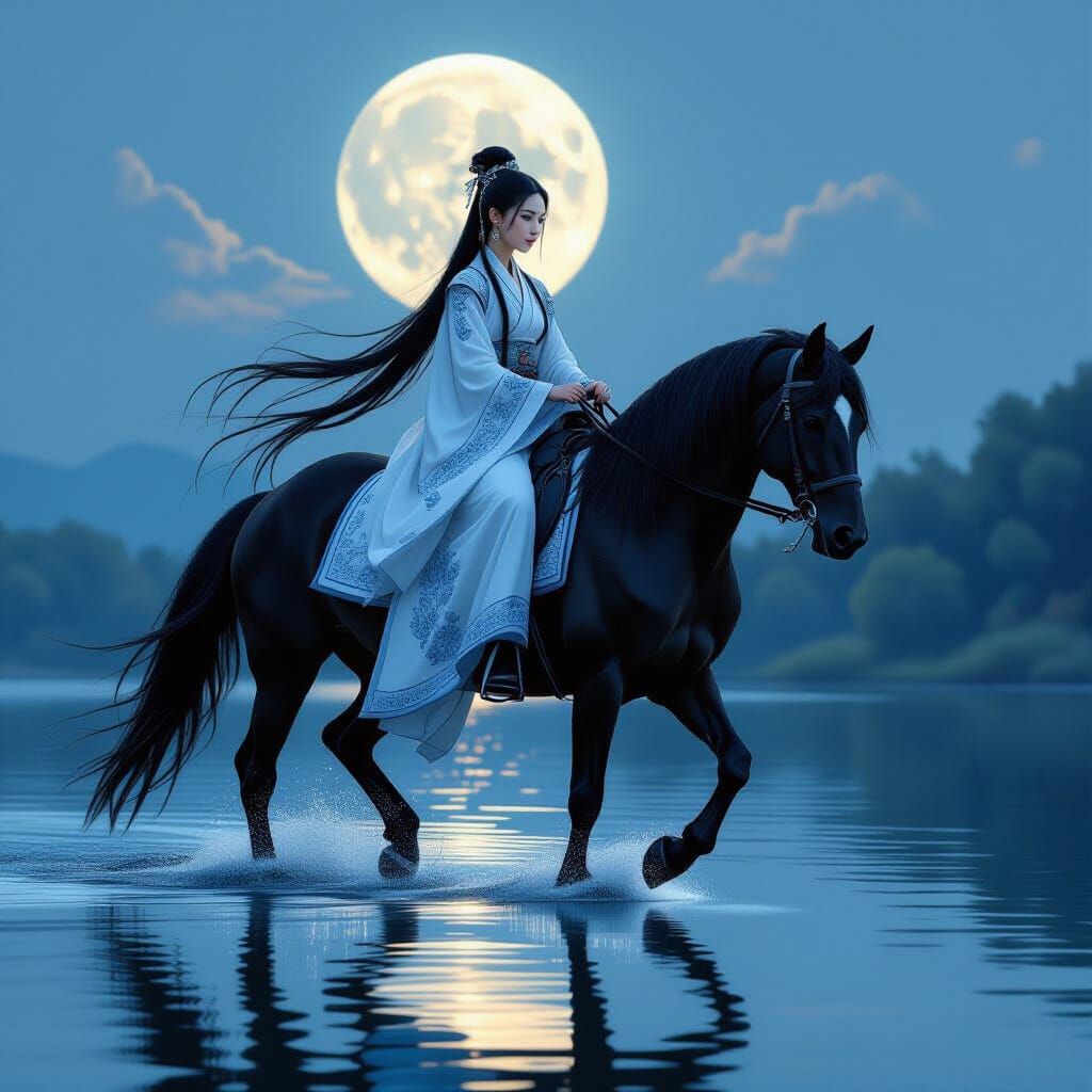 Hanfu Woman and Stallion Walking on Water