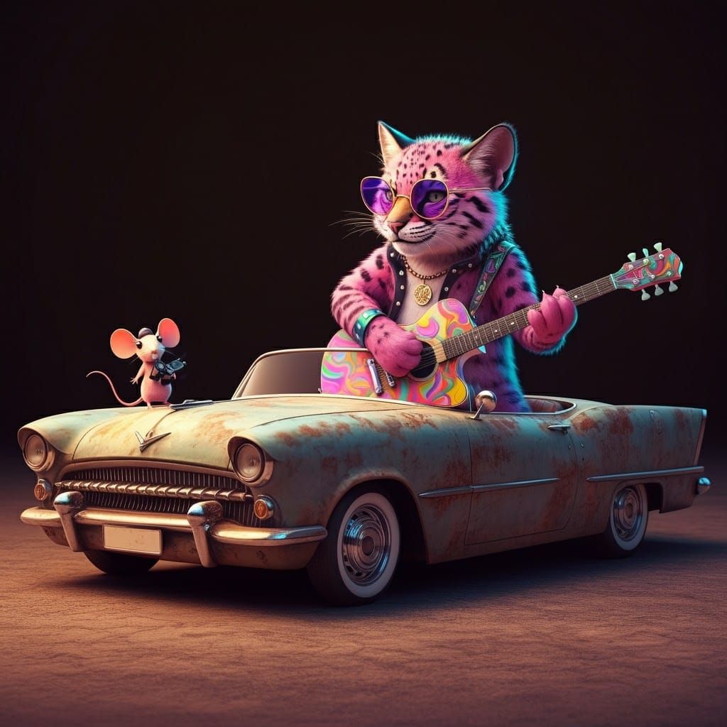 Pink Cat Rockstar in Classic Car, Whimsical Cartoon