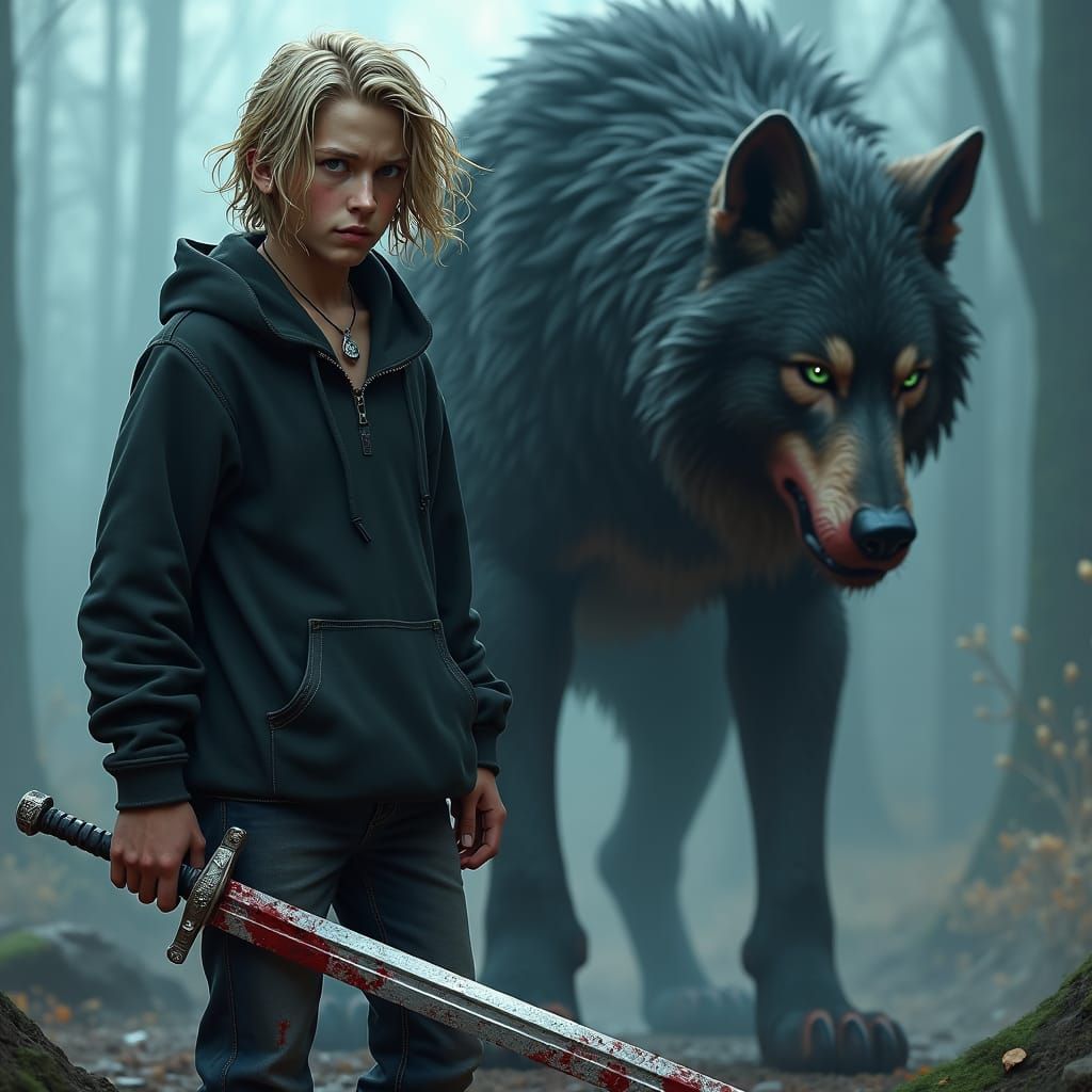 Boy with Sword Confronts Werewolf in Dark Fantasy Art