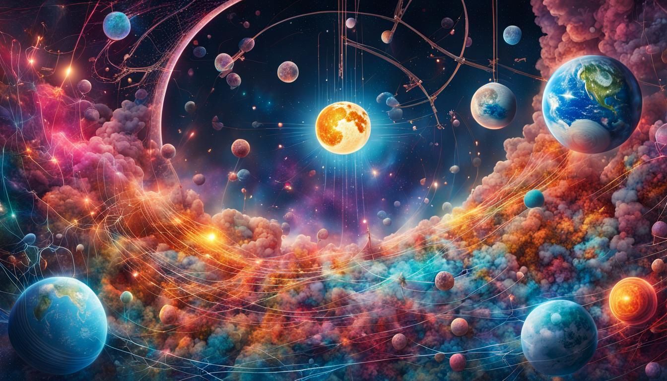 Cosmic 3D Puzzle with Earth and Moon in Neon Lights