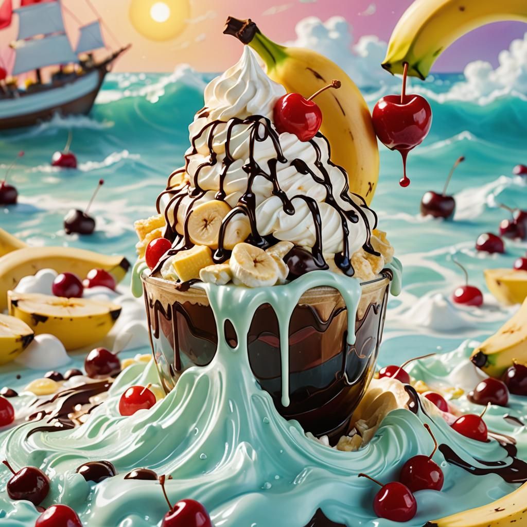 Banana Split Schooner on Milkshake Sea: Whimsical Fantasy Ar...