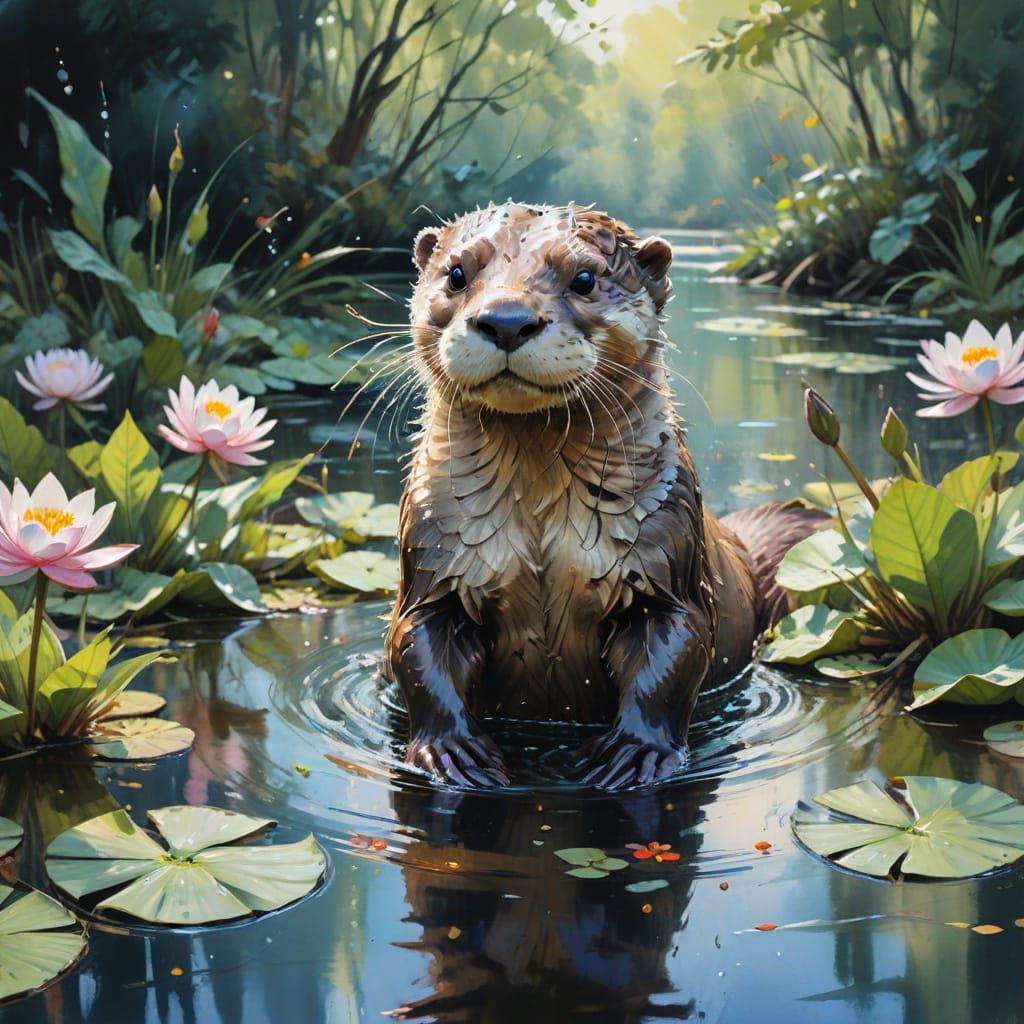 Playful Otter in Sunlit River: Watercolor Painting