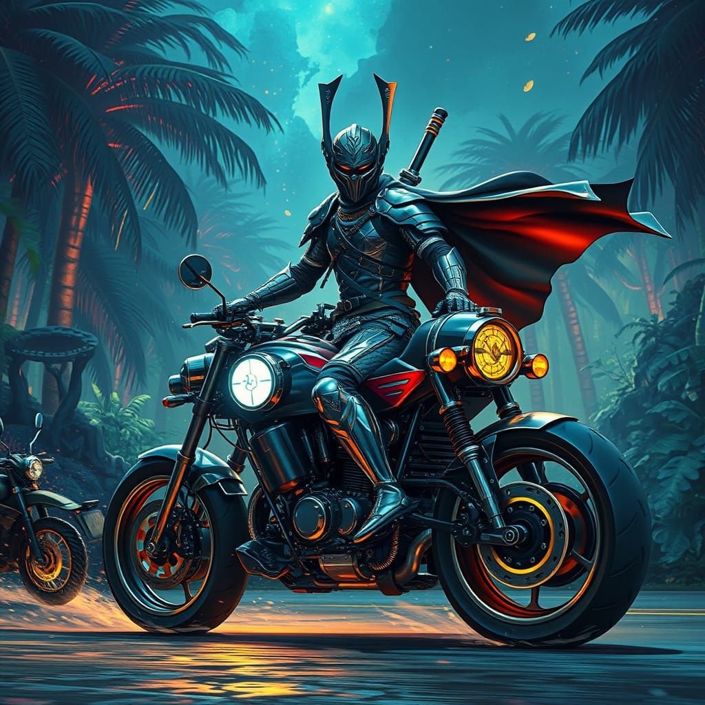 Futuristic Samurai on Motorcycle in Alien Jungle