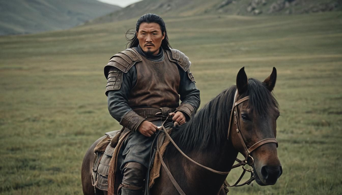 Genghis Khan on Mongolian Steppe: Cinematic Film Still