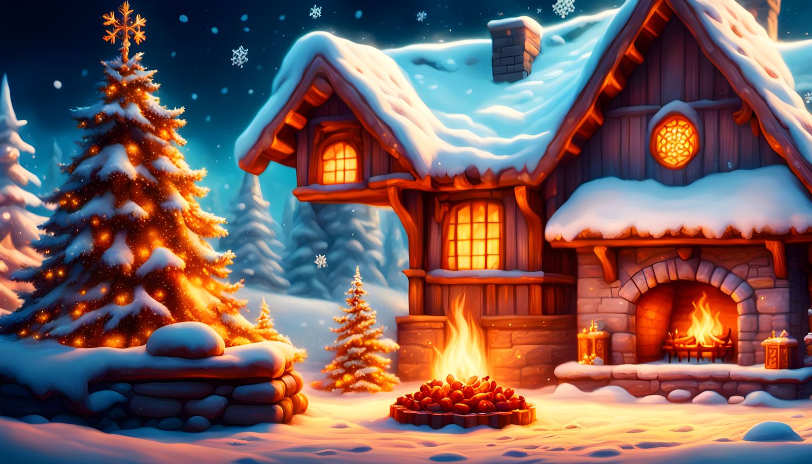 Snowfall and Fireplace: Detailed Matte Painting