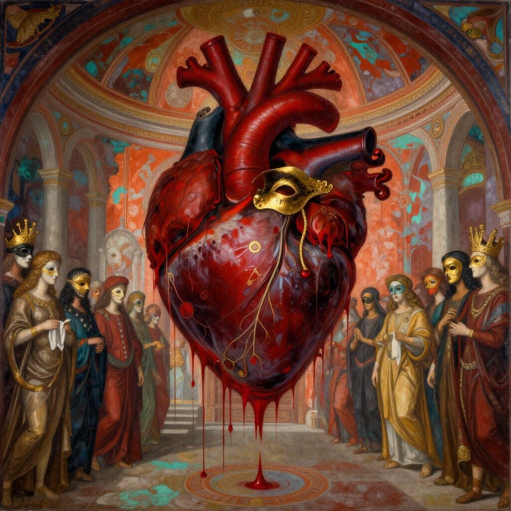 Mural of Cosmic Heart and Masked Figures in Red and Gold