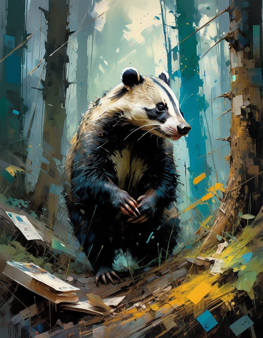 Badger Collecting Stamps in Forest, Abstract Art Style